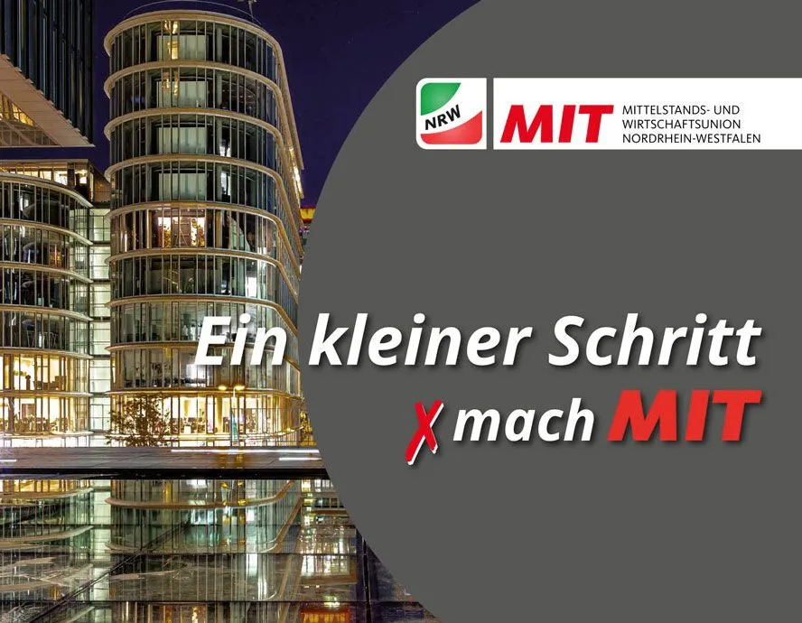 Werbung für MIT: „Em kleiner Schritt – 7 mach MIT“ mit modernem Gebäude im Hintergrund.